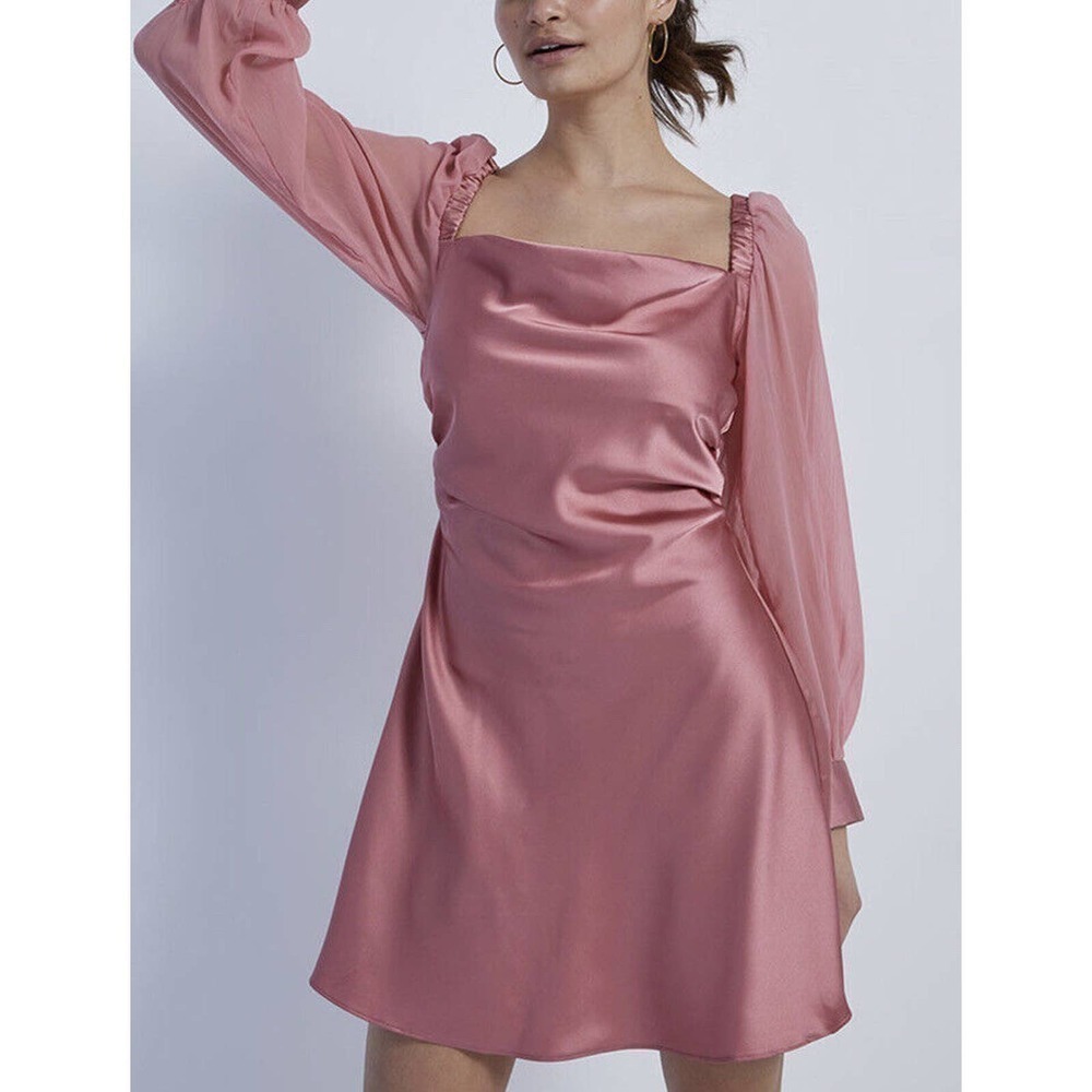 WEWOREWHAT Silky Cowl Neck Mini Dress Women Size 4 Dusty Pink Puff Sleeve Barbie
